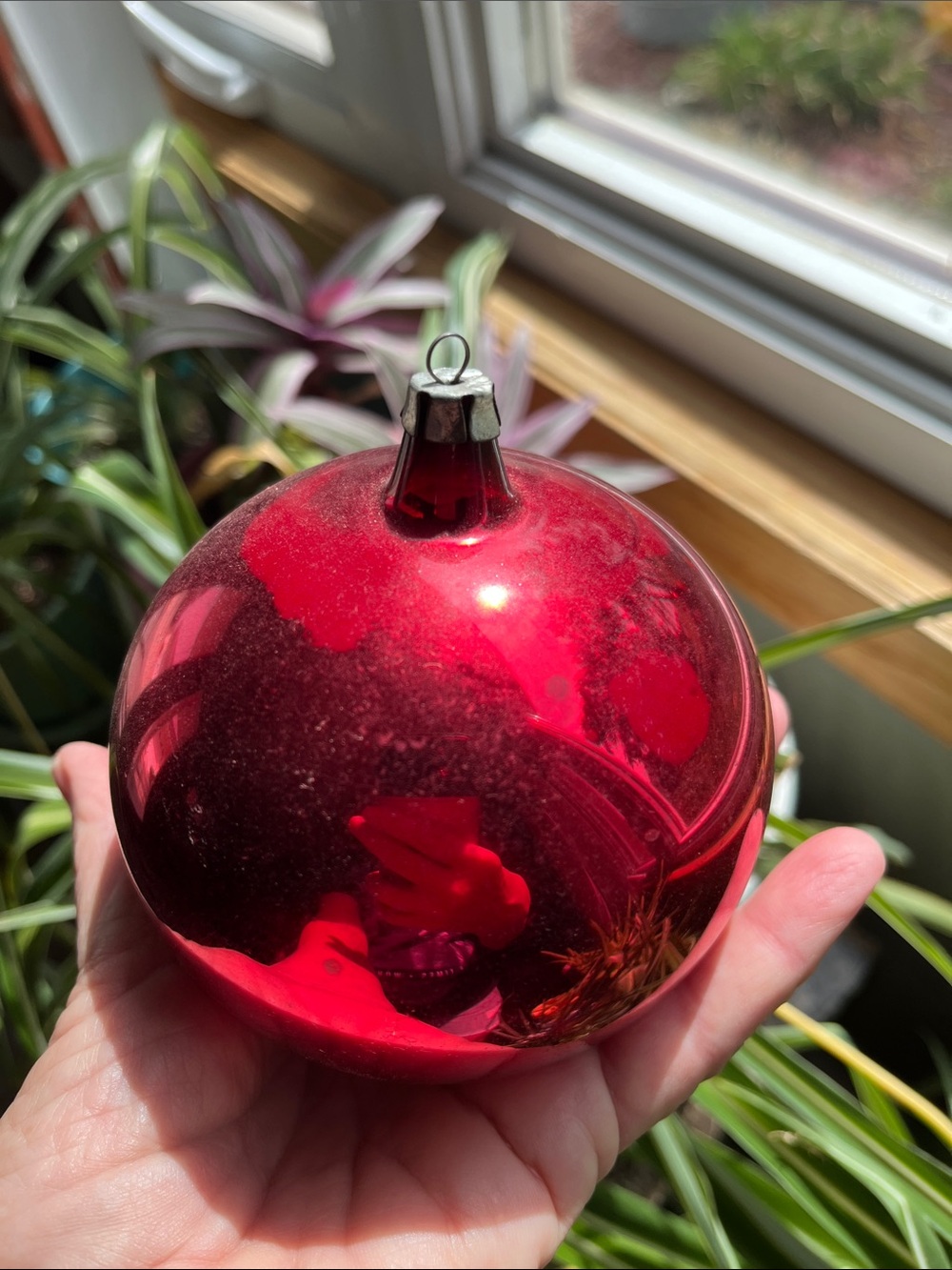Vtg 4” Red MCM Glass Round Christmas Ornament Made Poland By Fantasia